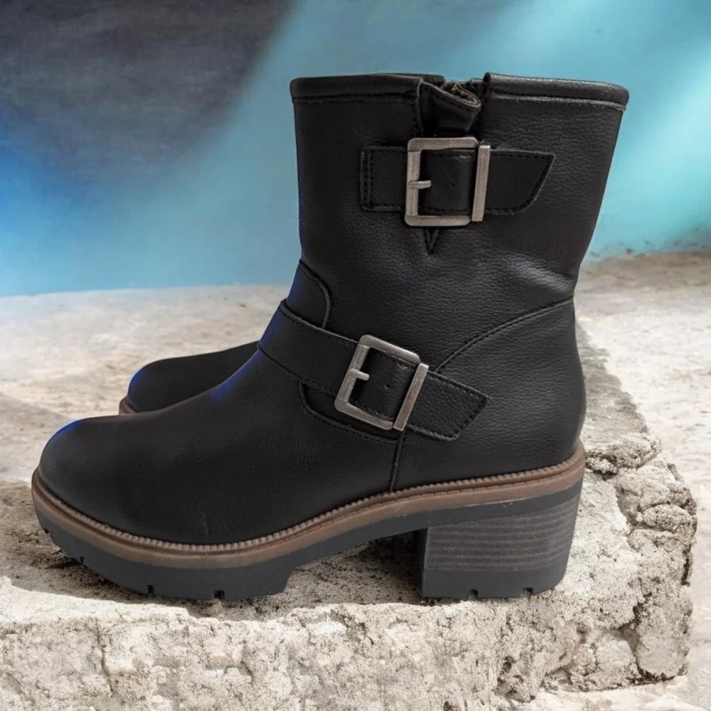 BOC Moto Buckle Ankle Boots Black Lug Sole‎ Block Heel Biker Edgy Casual 10
